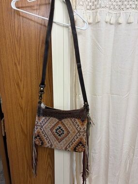 Myra Bag Woven Diamond-Pattern Shoulder Bag in Brown and Tan with Fringe
